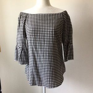 WHBM OFF THE SHOULDER BLACK & WHITE GINGHAM 3/4 SLEEVE TOP- SIZE EXTRA SMALL